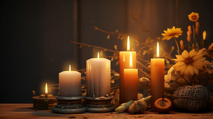 photorealistic,, all saints' day background, sober, candles, soft tones, background for all Saints Day or All Souls' Day. Background with copy space.