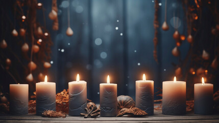 photorealistic,, all saints' day background, sober, candles, soft tones, background for all Saints Day or All Souls' Day. Background with copy space.