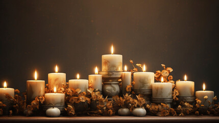 photorealistic,, all saints' day background, sober, candles, soft tones, background for all Saints Day or All Souls' Day. Background with copy space.