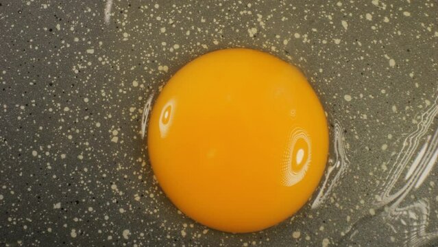 Fried eggs close up. Fried eggs in a pan. Raw broken chicken egg. Broken egg falls into the frying pan. Timelapse