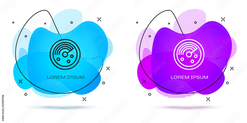 Poster line radar with targets on monitor in searching icon isolated on white background. search system. na