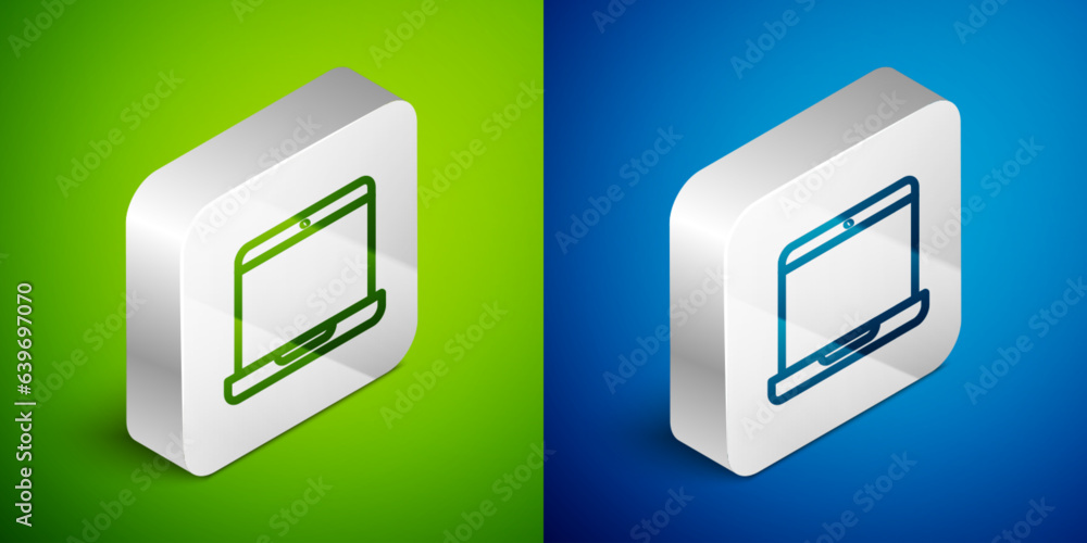 Poster isometric line laptop icon isolated on green and blue background. computer notebook with empty scree
