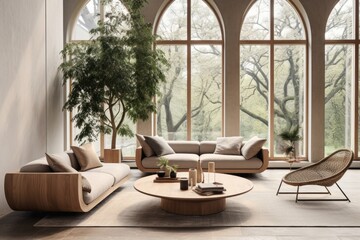 Curved sofa and barrel chair against of big arched window. Japandi interior design of modern living room