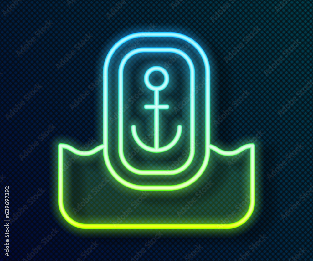 Poster glowing neon line map pointer with anchor icon isolated on black background. vector