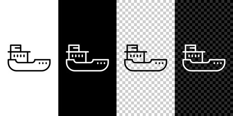Set line Cargo ship icon isolated on black and white, transparent background. Vector