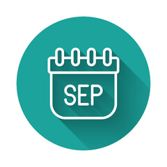 White line September calendar autumn icon isolated with long shadow background. Green circle button. Vector