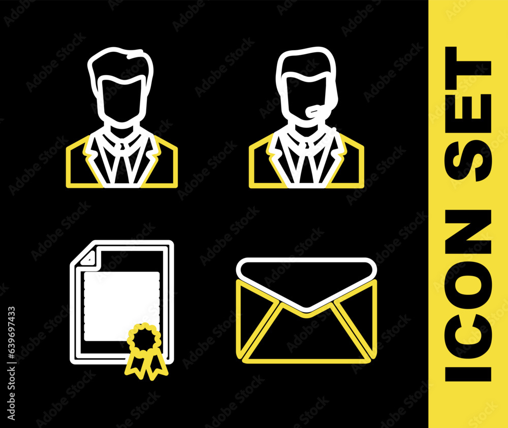 Poster set line man with a headset, envelope, certificate template and user of man in business suit icon. v