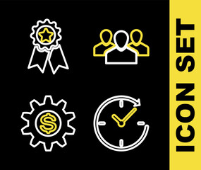 Set line Users group, Clock with arrow, Gear dollar symbol and Medal star icon. Vector