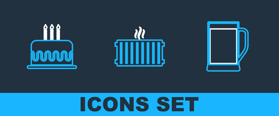 Set line Glass of beer, Cake with burning candles and Heating radiator icon. Vector