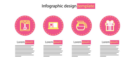 Set line Coffee pot, Gift box, Laptop with dental card and machine and cup icon. Vector