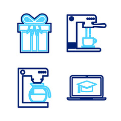 Set line Graduation cap on laptop, Coffee machine with pot, and cup and Gift box icon. Vector