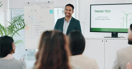 Businessman, presentation and audience applause in thank you, meeting or conference at office. Asian man or mentor talking to employee group or business people clapping in staff training at workshop