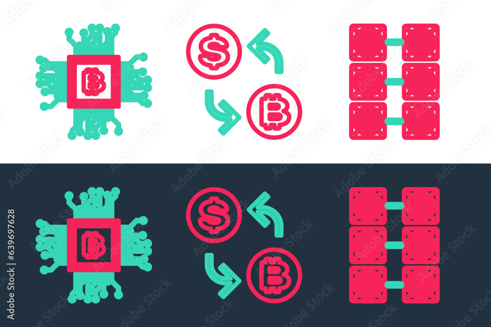 Poster set line mining farm, processor and chip with dollar icon. vector
