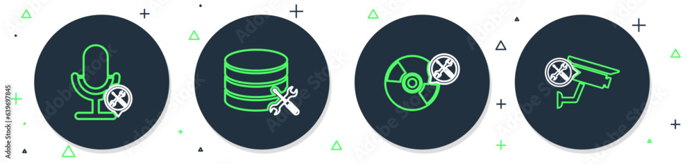 Poster set line database server service, cd or dvd disk, microphone and security camera icon. vector