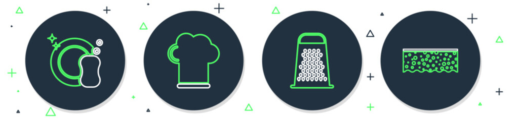 Set line Chef hat, Grater, Washing dishes and Sponge with bubbles icon. Vector