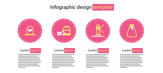 Set line Lighthouse, Pirate sack, game dice and Tombstone with RIP written icon. Vector