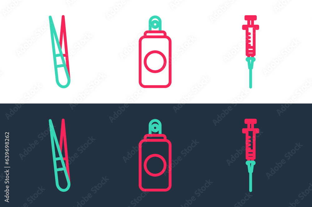 Wall mural set line syringe, eyebrow tweezers and spray can icon. vector