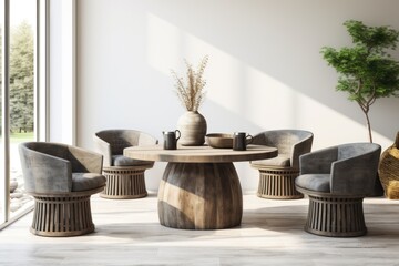  Grey barrel chairs at wooden round dining table. Scandinavian rustic home interior design of modern living room