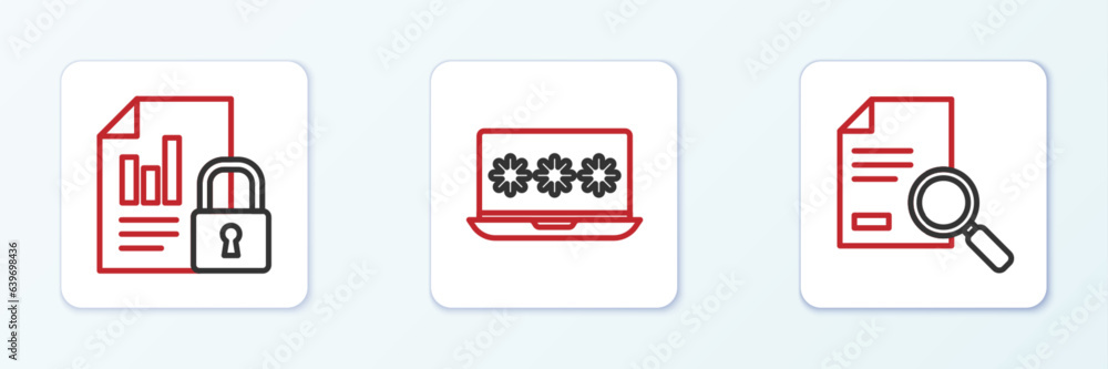 Poster set line document with search, and lock and laptop password icon. vector