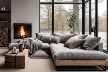 Grey daybed sofa against fireplace. Rustic Scandinavian home interior design of modern living room