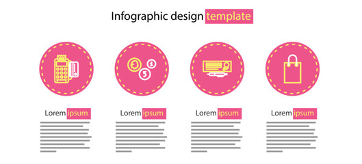 Set line Bank check and pen, Paper shopping bag, Coin money and POS terminal with credit card icon. Vector