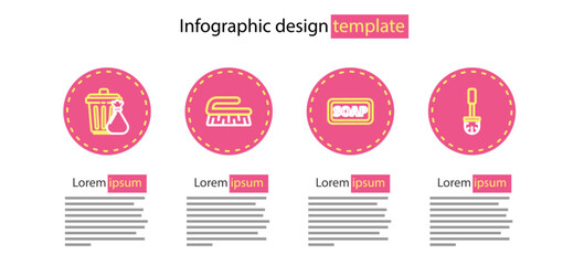 Set line Bar of soap, Toilet brush, Brush for cleaning and Trash can and garbage bag icon. Vector