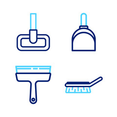 Set line Brush for cleaning, Rubber cleaner windows, Dustpan and Mop icon. Vector