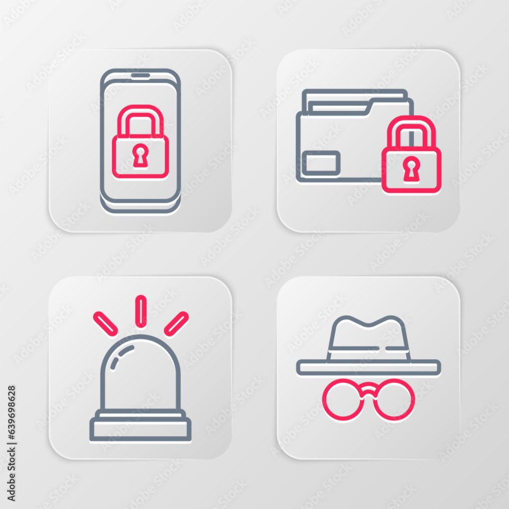 Poster set line incognito mode, motion sensor, folder and lock and mobile with closed padlock icon. vector
