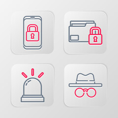 Set line Incognito mode, Motion sensor, Folder and lock and Mobile with closed padlock icon. Vector