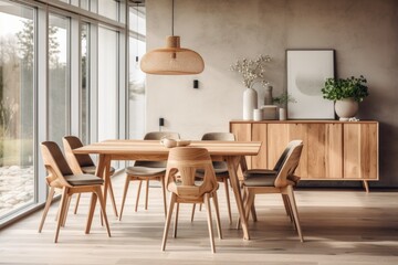 Hand crafted natural wood dining table and chairs. Scandinavian home interior design of modern living room