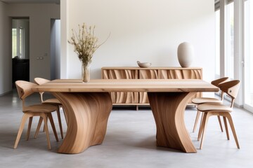 Hand crafted natural wood dining table and chairs. Scandinavian home interior design of modern living room