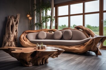 Handmade unique rustic sofa made from solid wooden tree trunk. Interior design of modern living room
