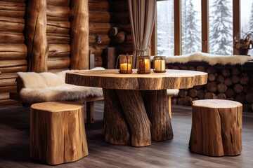 Fototapeta na wymiar Handmade wooden log furniture, round dining table and stump stool. Rustic interior design of modern living room in country house