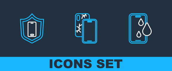 Set line Waterproof phone, Mobile with shield and broken screen icon. Vector