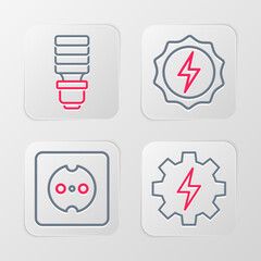 Set line Gear and lightning, Electrical outlet, Lightning bolt and LED bulb icon. Vector