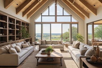 Fototapeta premium Interior design of modern living room in farmhouse with vaulted ceiling