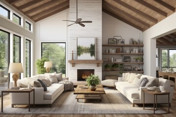 Fototapeta premium Interior design of modern living room in farmhouse with vaulted ceiling