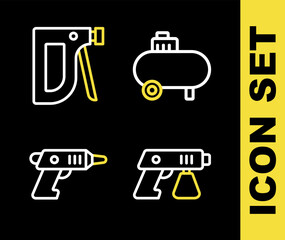 Set line Air compressor, Paint spray gun, Electric cordless screwdriver and Construction stapler icon. Vector