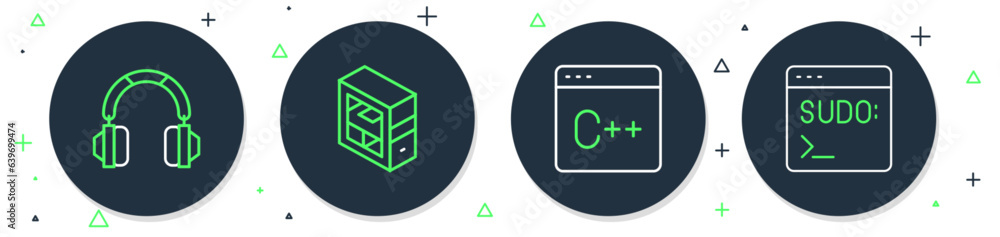 Poster set line computer, software, headphones and code terminal icon. vector