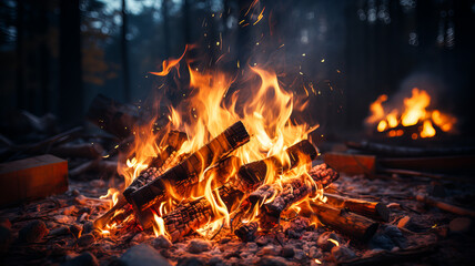 Bonfire with red-hot coals. A bright fire, the process of burning a pile of wood, with fire and sparks. On a dark background. Generative AI technology.