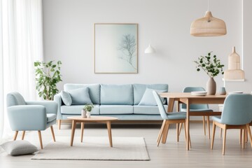 Light blue sofa and dining table and chairs. Scandinavian or mid-century interior design of modern living room