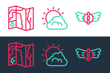 Set line Aviation emblem, World travel map and Sun and cloud weather icon. Vector