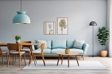 Light blue sofa and dining table and chairs. Scandinavian or mid-century interior design of modern living room