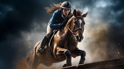 Fototapeta premium Full-length photograph of a young woman riding a horse and clearing a hurdle