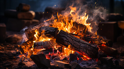 Bonfire with red-hot coals. A bright fire, the process of burning a pile of wood, with fire and sparks. On a dark background. Generative AI technology.