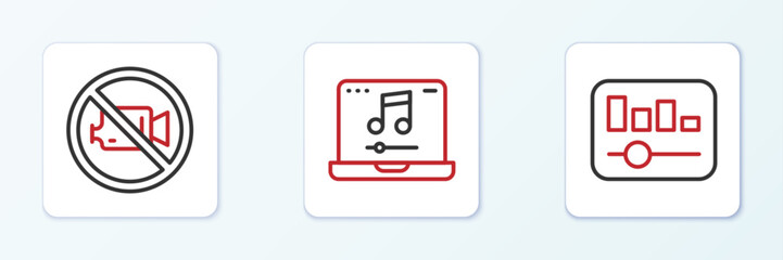 Set line Music equalizer, Prohibition no video recording and Laptop with music icon. Vector