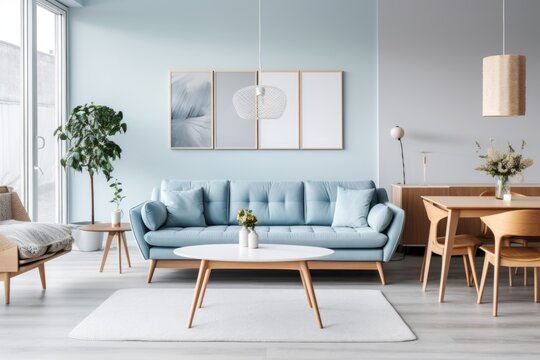 Light blue sofa and dining table and chairs. Scandinavian or mid-century interior design of modern living room