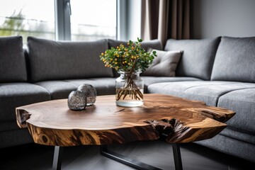  Live edge wooden accent coffee table near sofa close up. Interior design of modern living room