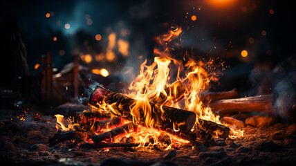 Bonfire with red-hot coals. A bright fire, the process of burning a pile of wood, with fire and sparks. On a dark background. Generative AI technology.