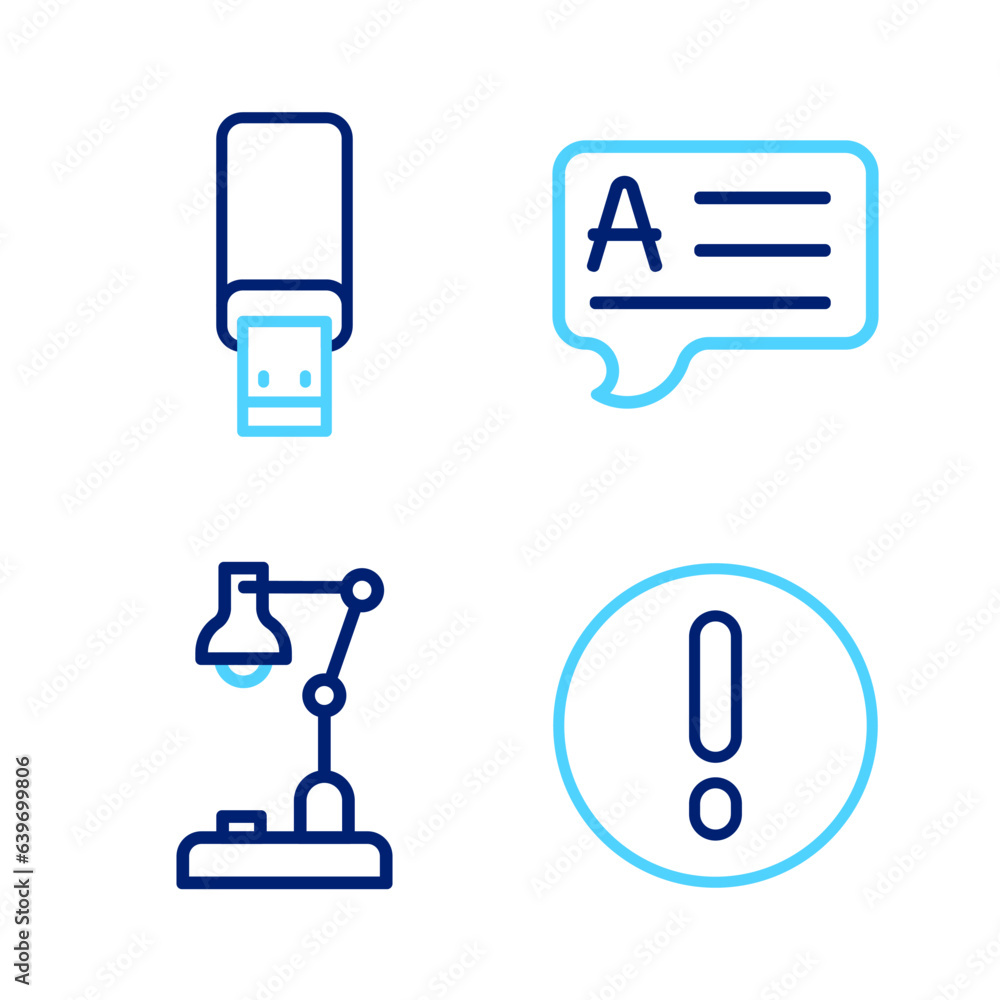 Poster set line speech bubble and exclamation, table lamp, bubbles with answer and usb flash drive icon. ve